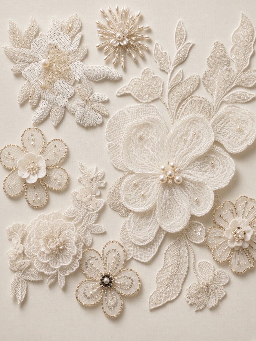 Ivory embroidered flower appliques