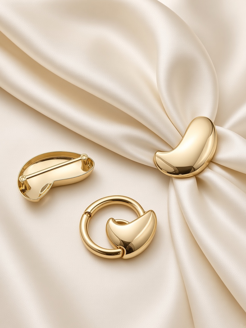 Gold scarf buckles on silk