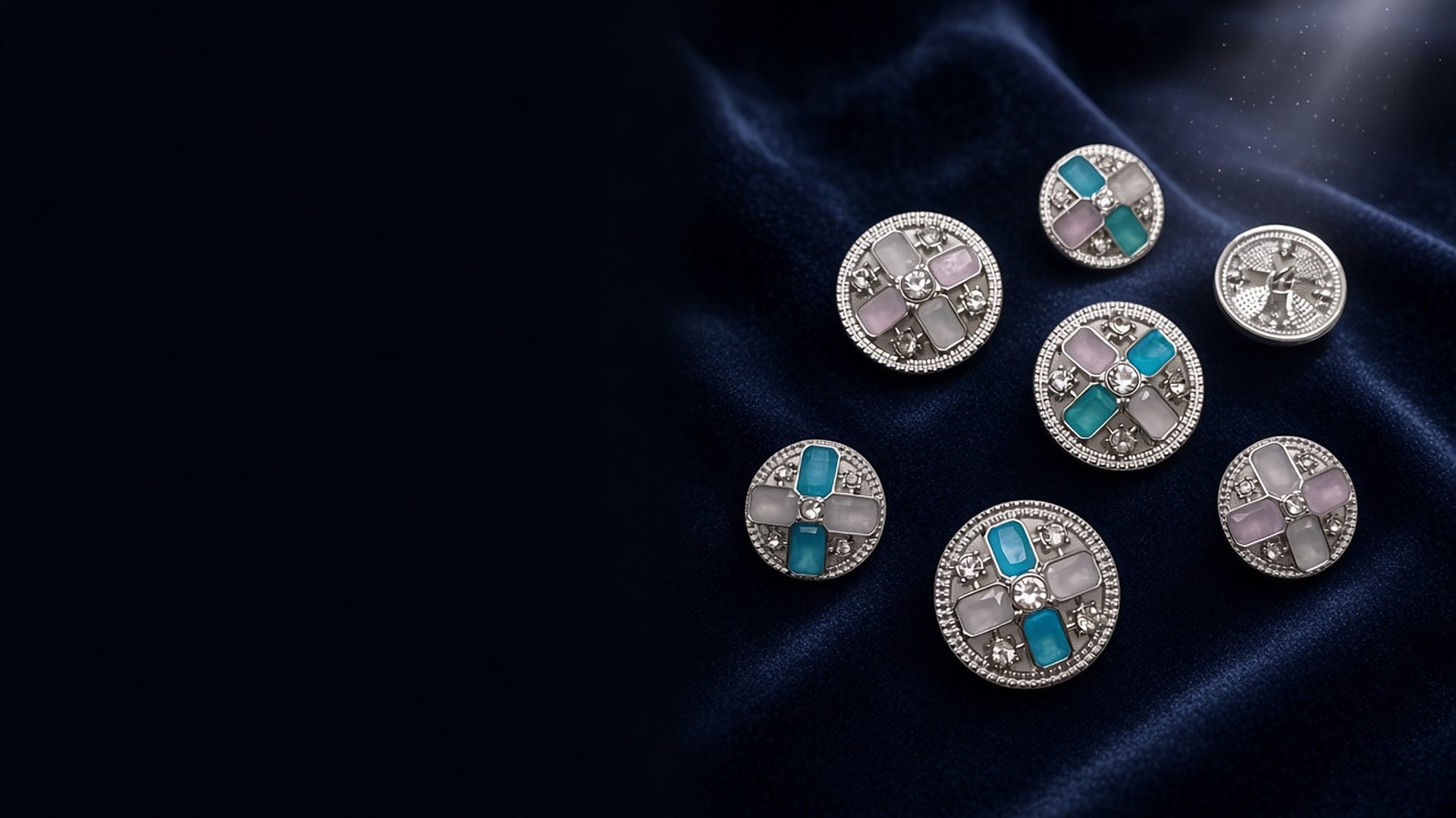 Silver rhinestone enamel buttons on midnight velvet