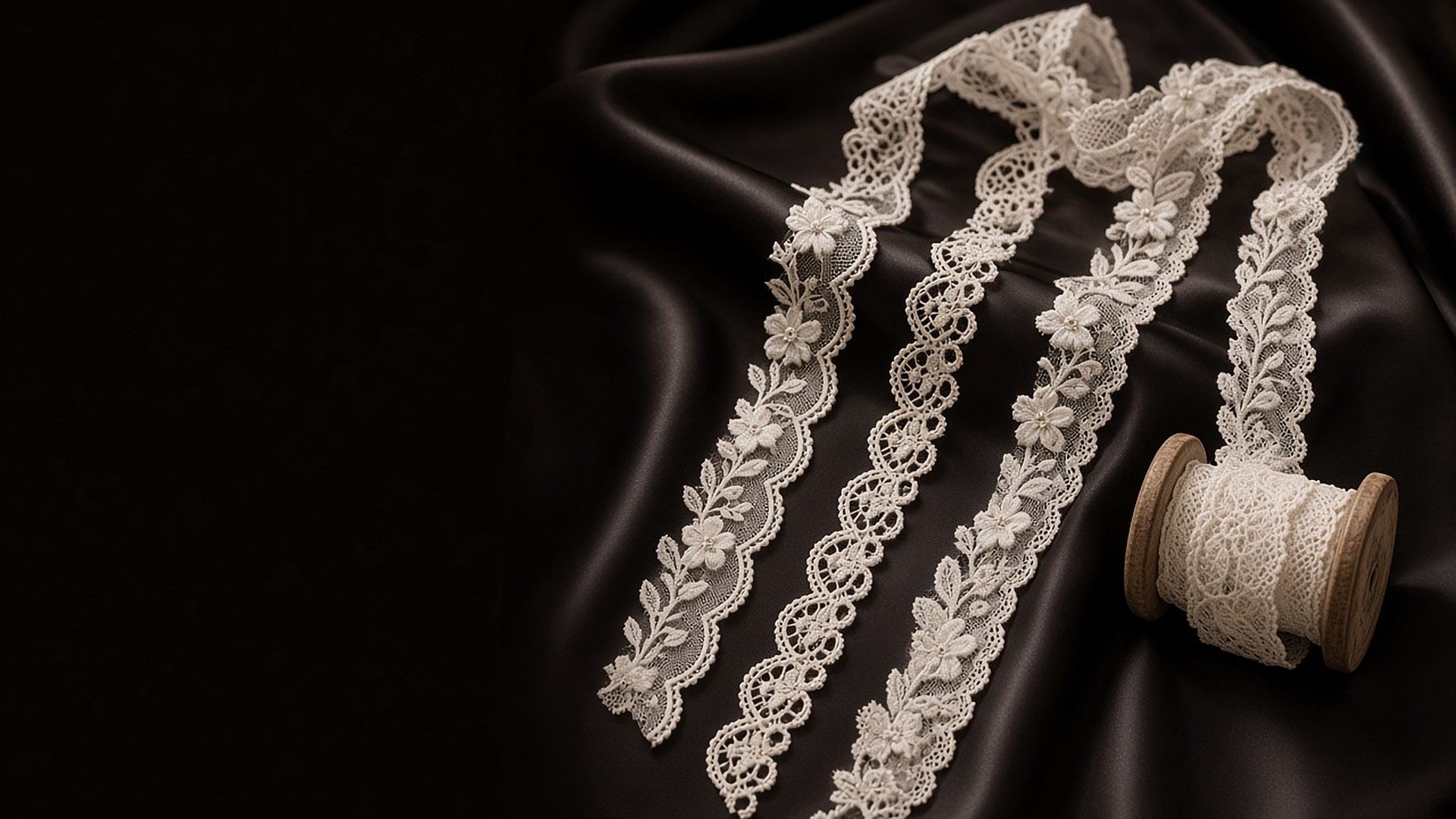Ivory floral guipure lace trims and wooden spool on dark silk