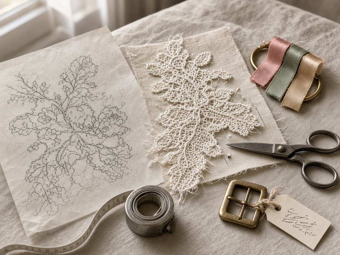 Lace applique sample pinned beside its pencil sketch, ribbon swatches and a tagged buckle