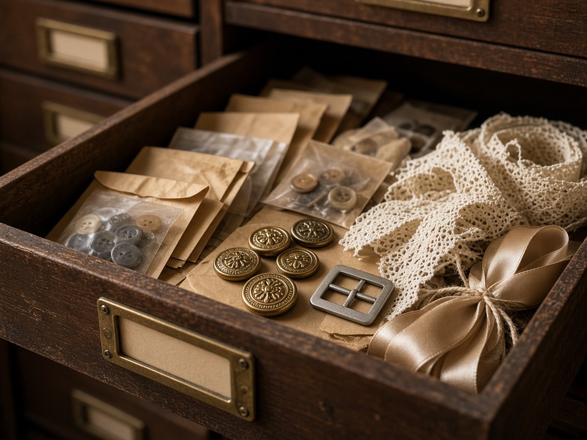 Ready-stock drawer with gold buttons, a metal buckle, lace and satin ribbon