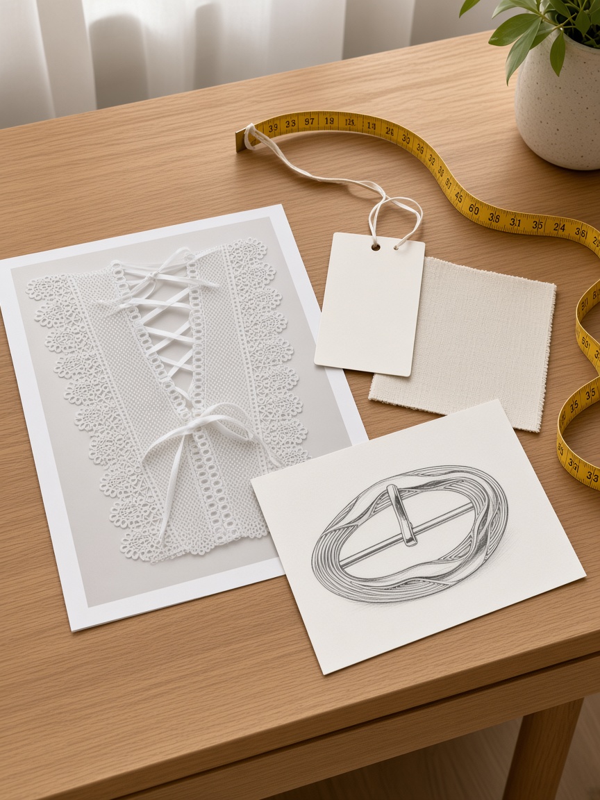 Reference photo, hangtag and sketch on the sampling desk