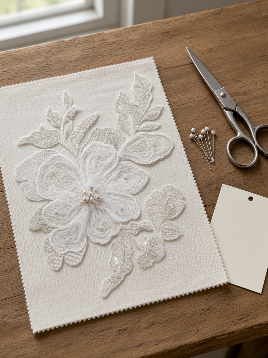 Sewable applique sample pinned to fabric